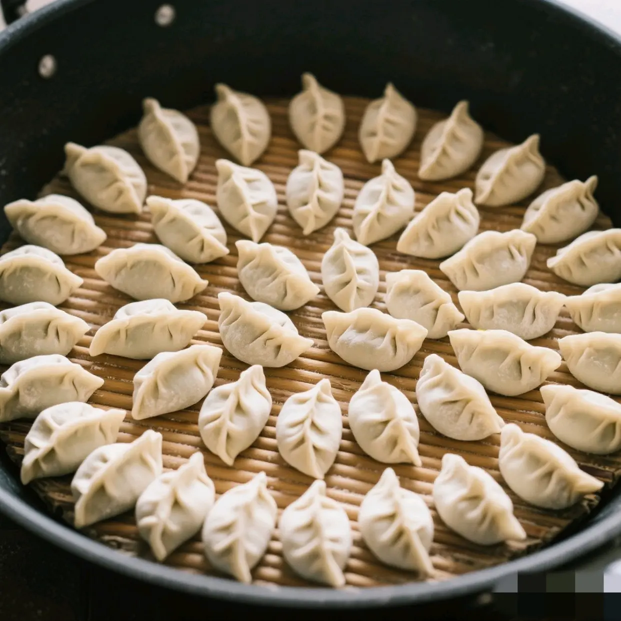 Chinese dumplings arranged on a plate, each folded by hand from a round wrapper