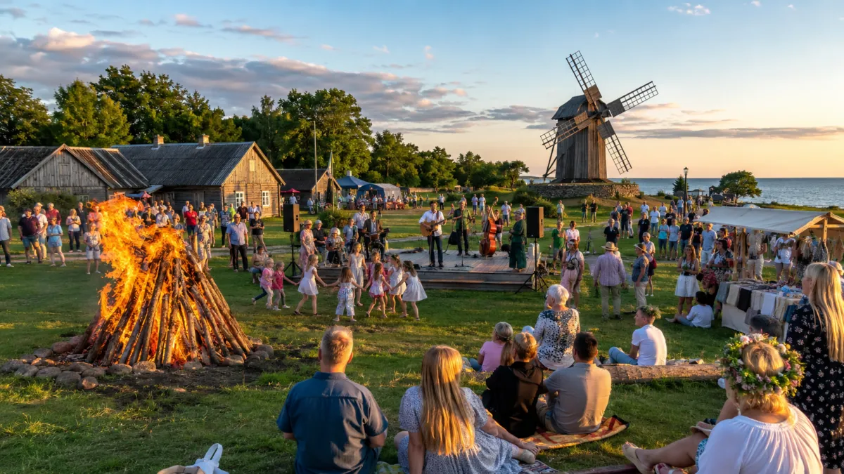Midsummer bonfire at Jāņi — couples leap over the flames for luck and fertility in Eastern European tradition